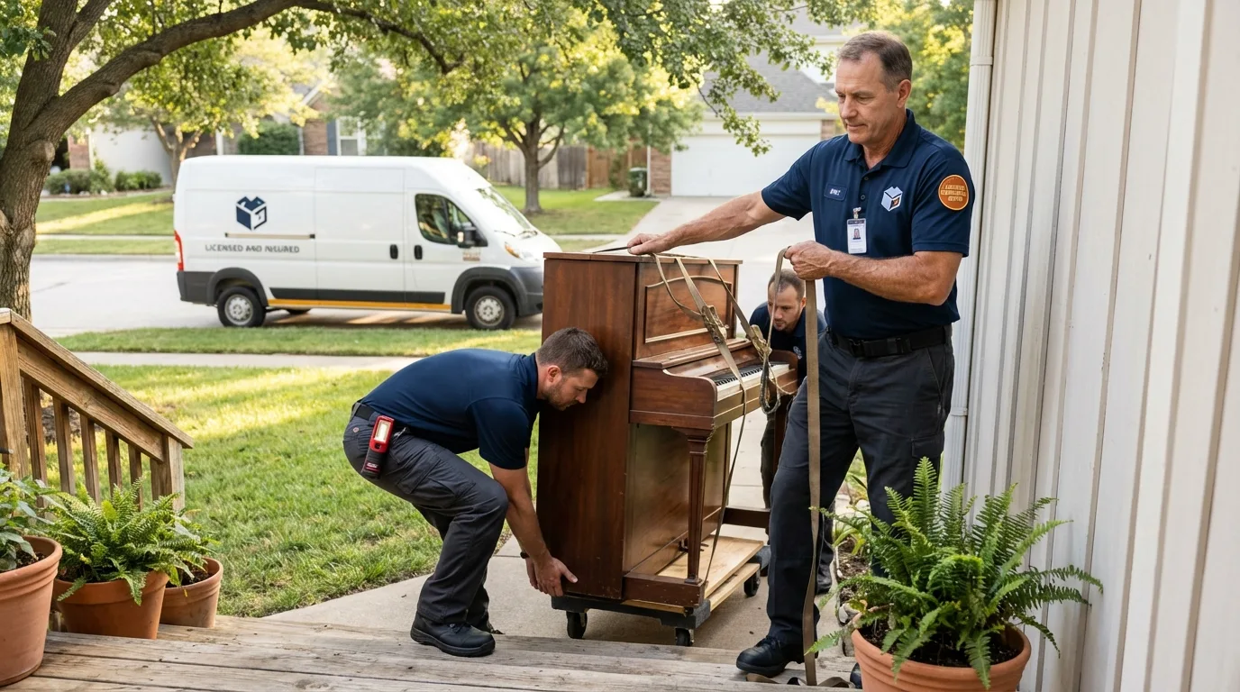 Licensed piano movers securing grand piano in Barron, WI