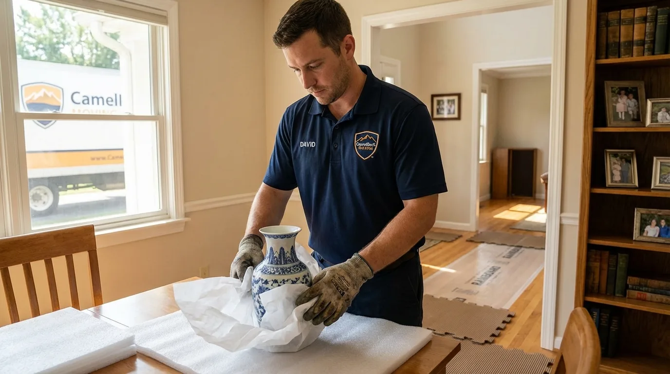 Professional crew carefully wrapping antique vase for senior downsizing move in Barron, WI